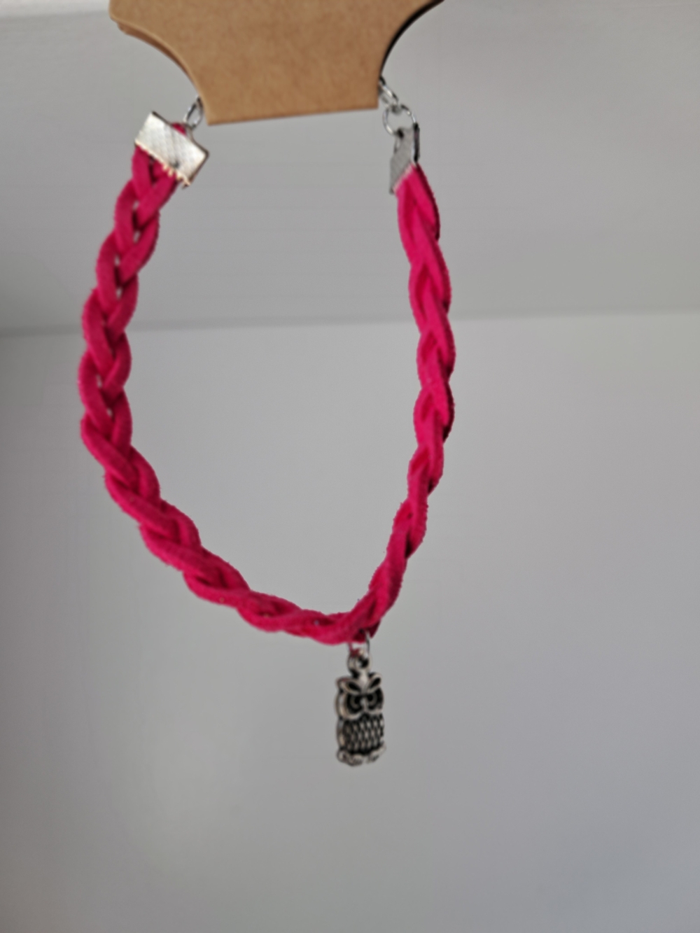 Handmade Braided Faux Suede Pink Owl Charm Bracelet